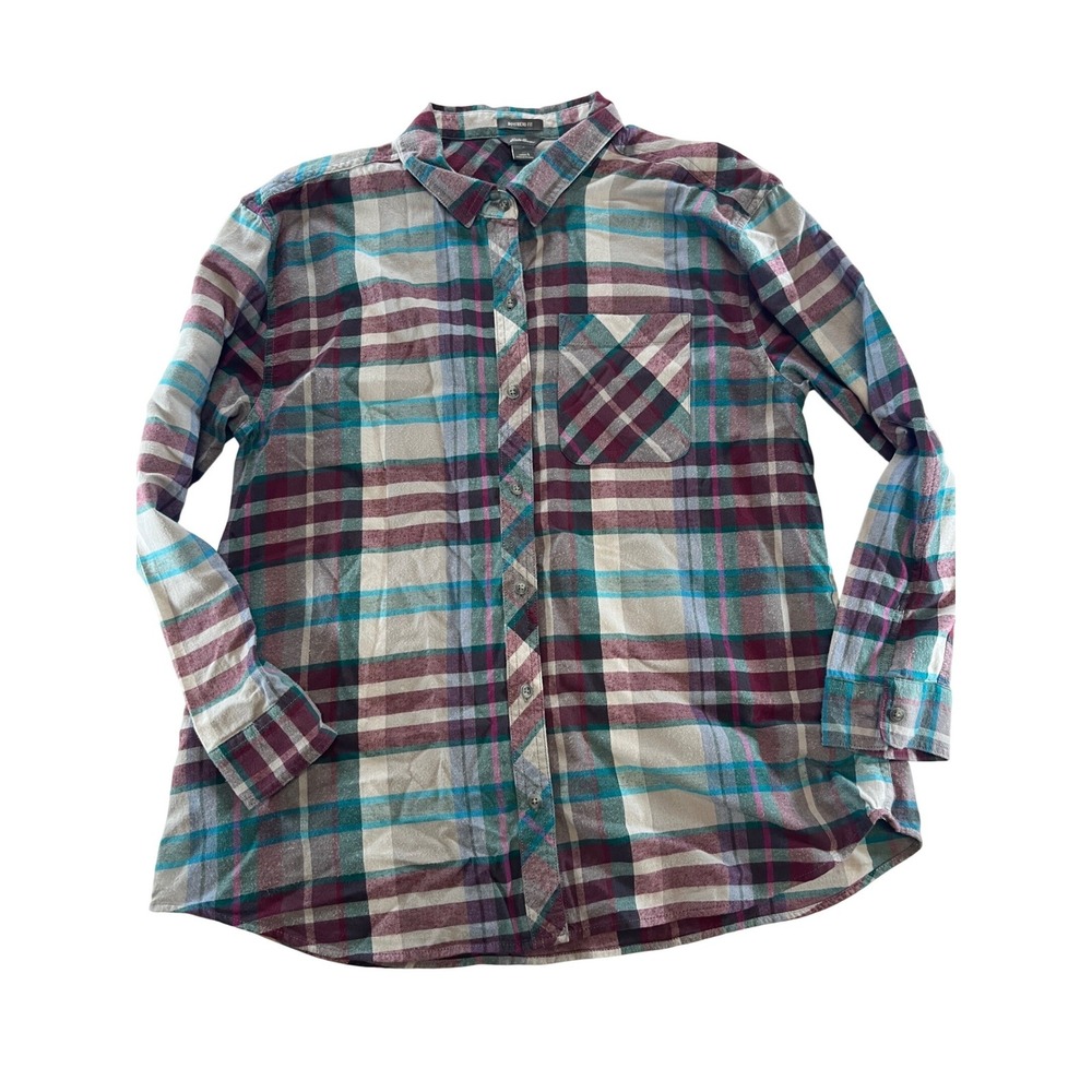 Eddie Bauer Womens Boyfriend Fit Plaid Button Down Shirt L Burgundy Teal Cotton